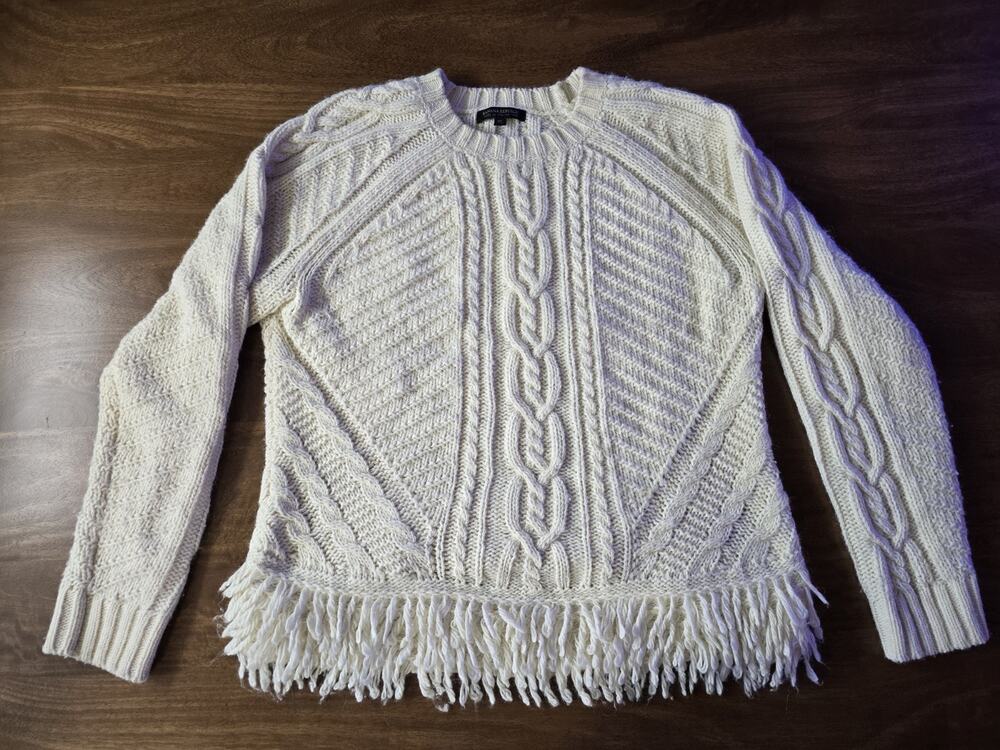 Banana Republic Fringe Cable Knit Sweater Cream Merino Wool Alpaca Blend XL